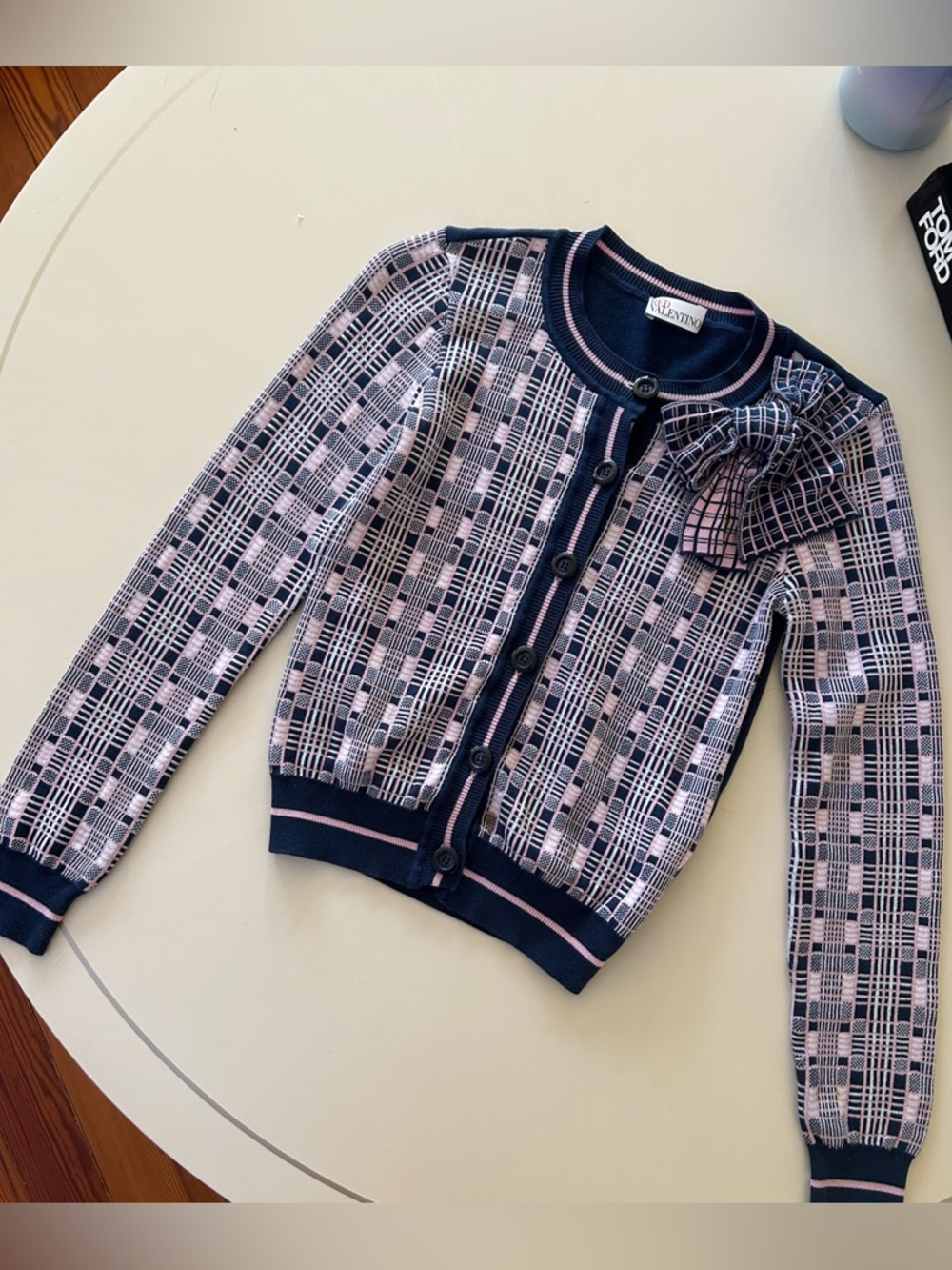 RED Valentino Navy and Pink Bow Accent Cardigan